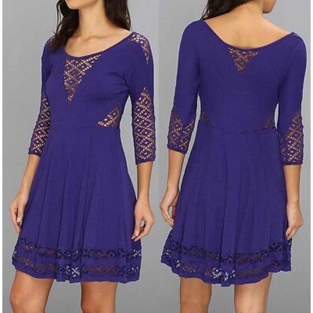 Free People Women's Blue Knee Length‎ Dress Medium Bohemian Casual 3/4 Sleeve